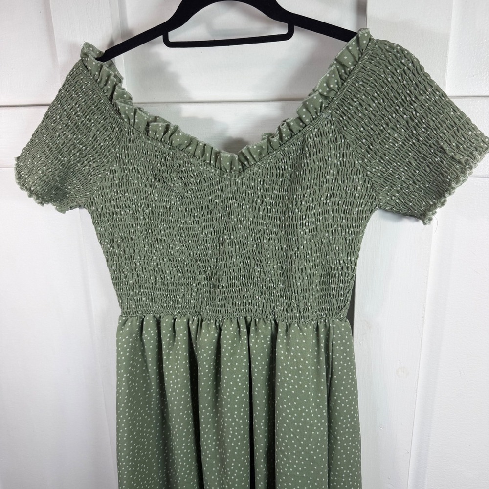 Simplee Sage Green Polka Dot Smocked Maxi Dress Ruffle Hem Boho Cottage Size L - Picture 2 of 13